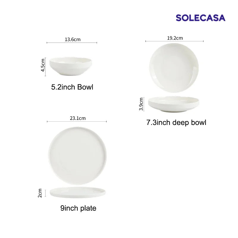 SOLECASA, juegos de vajilla de porcelana de 3/12 piezas, cuencos y platos blancos, plato resistente a los arañazos, cuenco de cerámica, plato de cena de espagueti