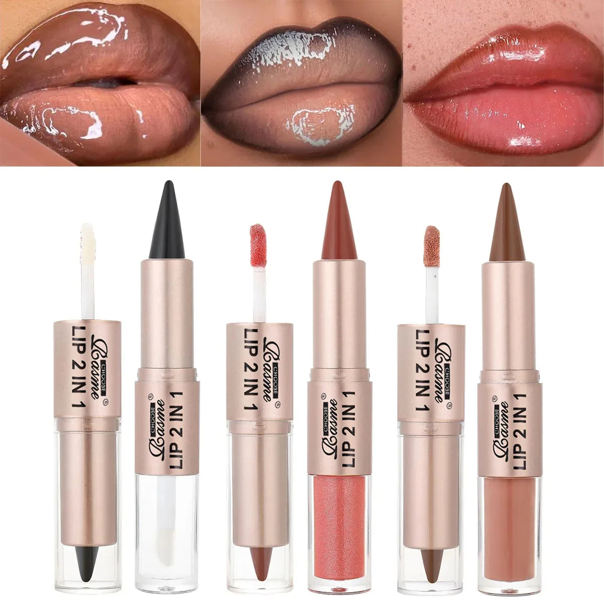 Lápiz delineador de labios degradado cónico 2 en 1, brillo de labios de cristal de espejo marrón desnudo, delineador de labios mate, maquillaje antiadherente para contorno de labios resistente al agua