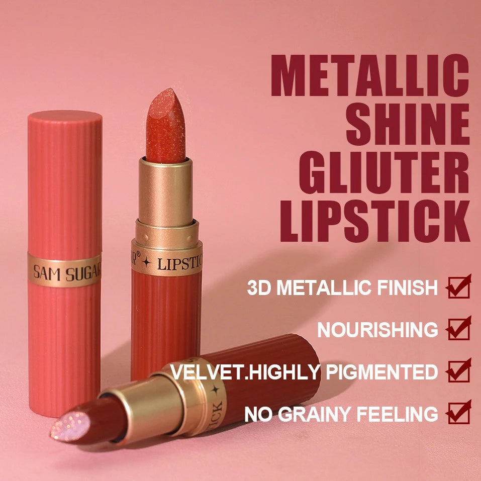 Lápiz Labial Rojo Chocolate Diamante, Lápiz Labial de Terciopelo con Brillo Perlado, Brillo Labial Metálico Brillante a Prueba de Agua, Maquillaje de Larga Duración