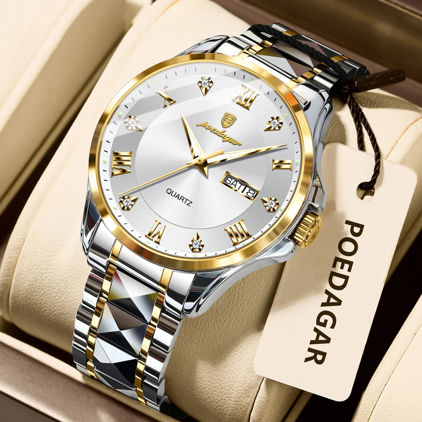 Reloj de pulsera POEDAGAR de lujo para hombre, Reloj luminoso resistente al agua con fecha y semana para hombre, relojes de negocios de acero inoxidable para hombre, Reloj de cuarzo para hombre