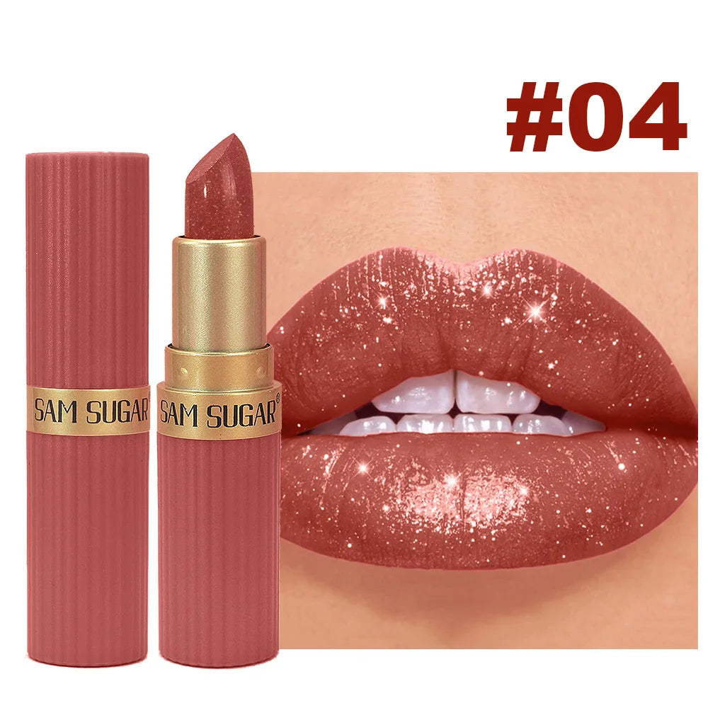 Lápiz Labial Rojo Chocolate Diamante, Lápiz Labial de Terciopelo con Brillo Perlado, Brillo Labial Metálico Brillante a Prueba de Agua, Maquillaje de Larga Duración