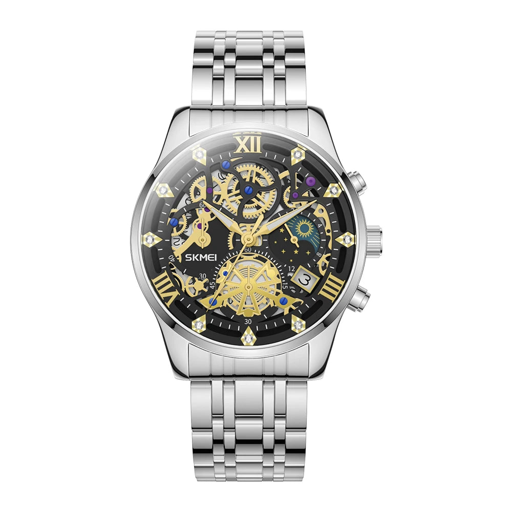Relojes SKMEI de lujo de marca superior de acero para negocios, relojes de pulsera con calendario de movimiento de cuarzo japonés resistente al agua 3Bar para hombre
