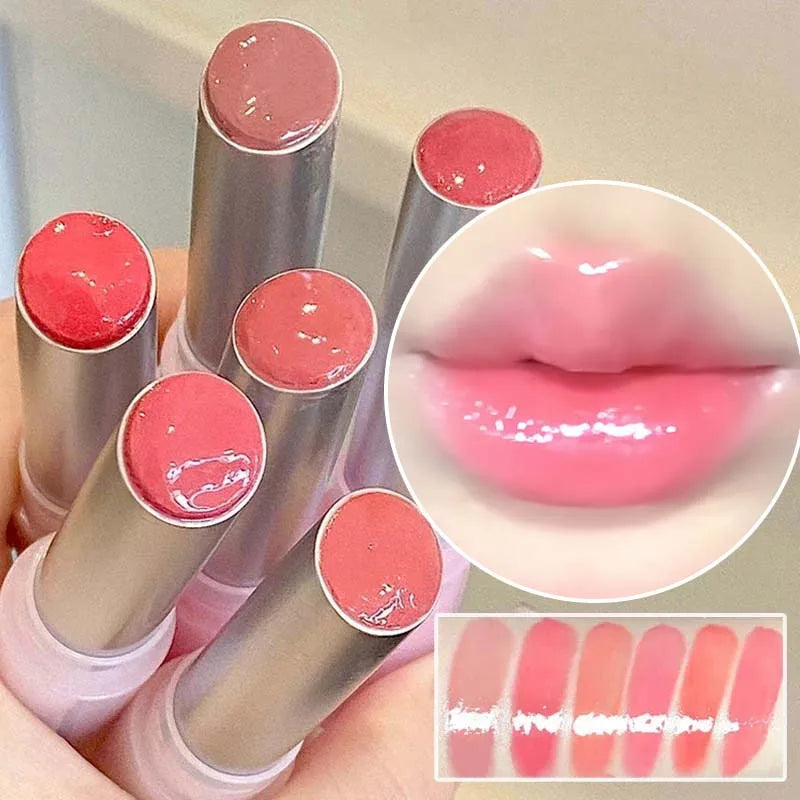 Brillo Labial Sólido Efecto Espejo, Tubo Redondo, Hidratante y Duradero, Tinte Natural Nude Melocotón, Maquillaje Labial en Gel
