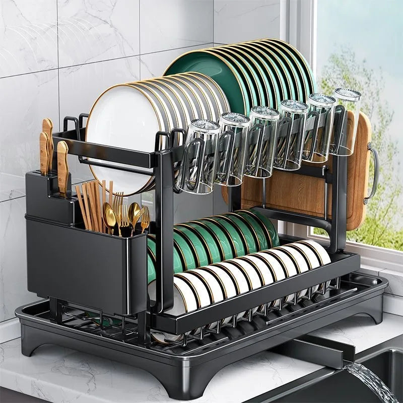 Escurridor de Platos de 2 Niveles para Cocina, Organizador Multifuncional de Almacenamiento para Encimera con Soportes para Utensilios, Tazas y Tablas de Cortar para el Hogar