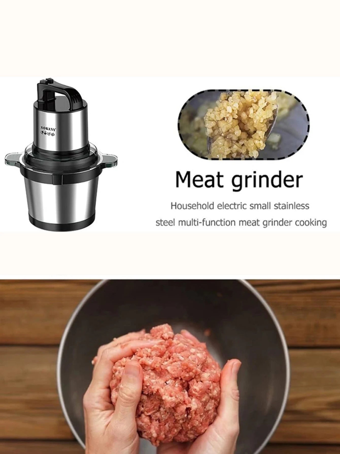 1pc electric kitchen knife with stainless steel bowl, 2 speed meat grinder with 4 blades for meat and onions.
