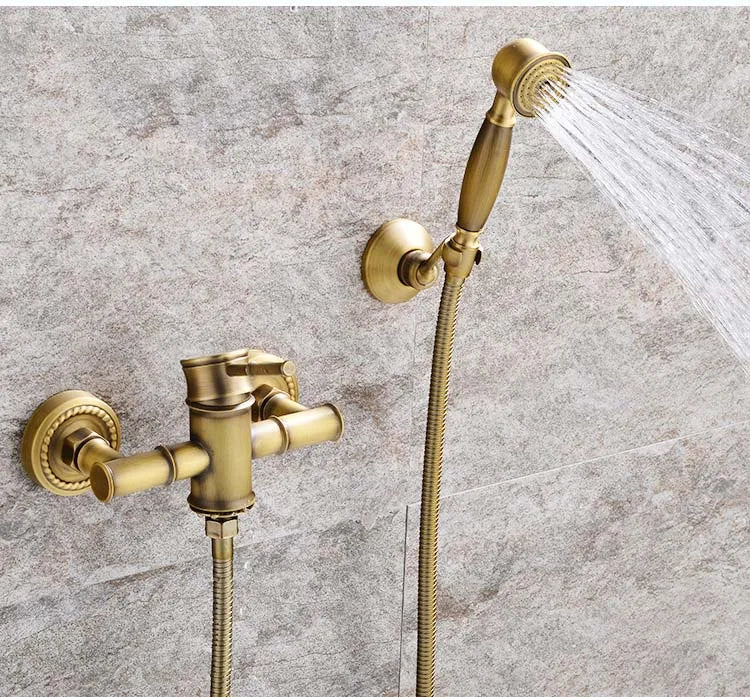 Grifo de ducha de baño antiguo, mezclador de bañera caliente y fría, grifo de grúa, montaje en pared, Material de latón, juego de baño de Bambú