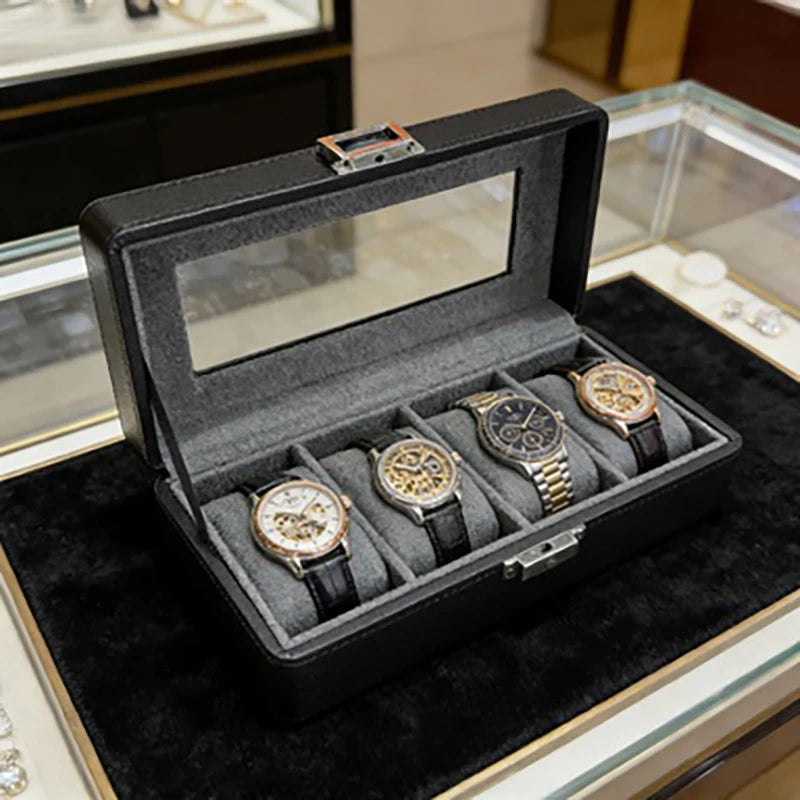 1 caja para relojes de 4 compartimentos, a prueba de polvo con ventana transparente, caja de exhibición y almacenamiento de relojes para hombres y mujeres
