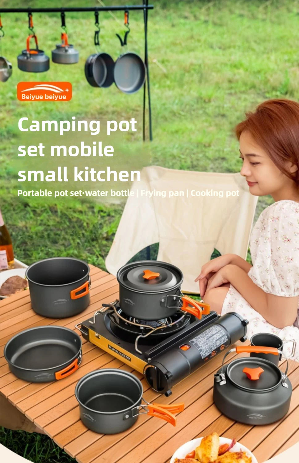 Utensilios de cocina para senderismo al aire libre, utensilios de cocina para acampar, tetera de agua hirviendo, equipo de sartén, olla portátil para acampar, juego combinado de suministros