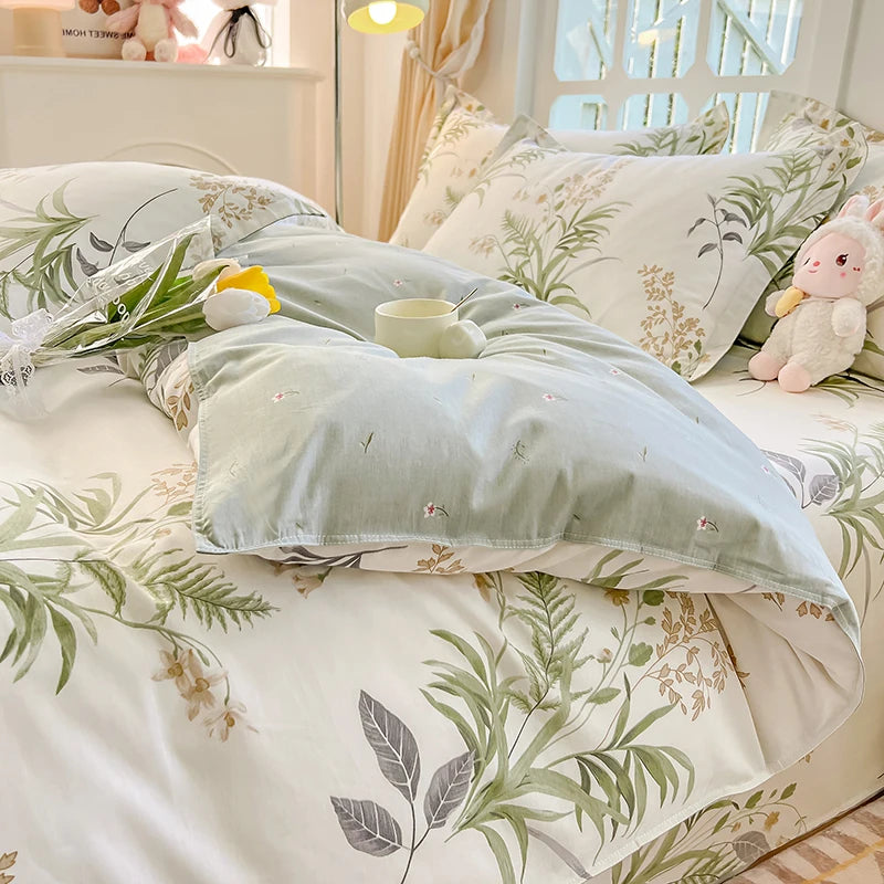 Juego de funda nórdica 100% algodón de 3 uds (1 funda nórdica + 2 fundas de almohada, sin núcleo), juego de cama con estampado de flores frescas, suave y cómodo