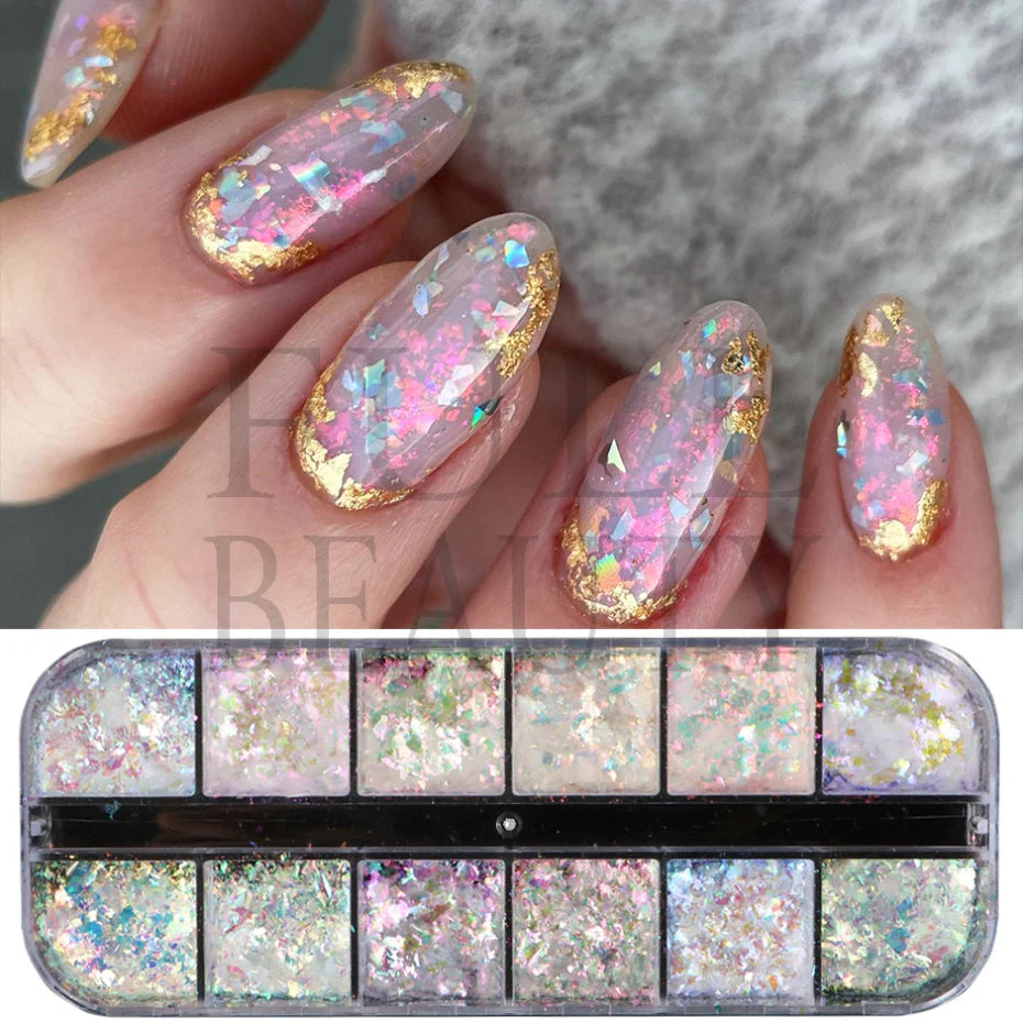 12 rejillas iridiscentes para uñas Aurora, purpurina de cristal, copos de fuego, holográficos, lentejuelas brillantes, dijes, esmalte de Gel, Flash para manicura