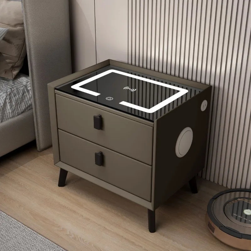 Mesita de noche de madera inteligente con altavoz cargador inalámbrico, mesita de noche minimalista moderna de dos cajones, muebles multifuncionales para el hogar