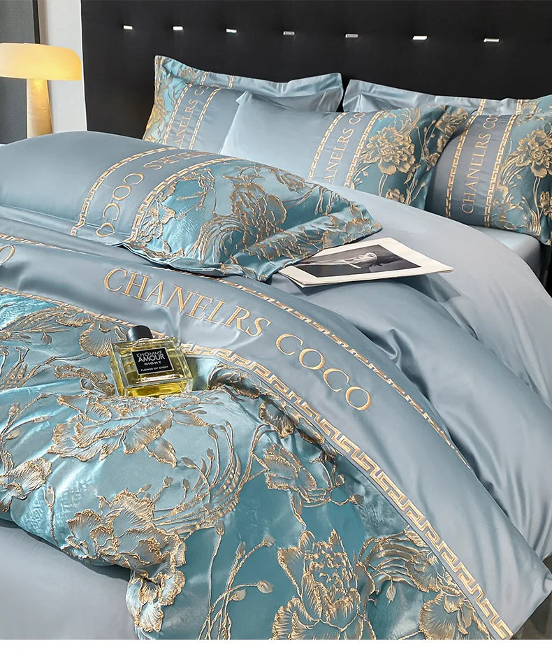 Juego de cama europeo de alta gama, juego de cuatro piezas de algodón de lujo, funda de edredón bordada de algodón, sábanas, sombreros, ropa de cama para personas mayores