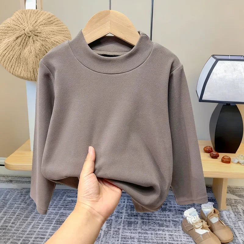 Top cálido de invierno para bebés, camiseta de manga larga con cuello medio alto y parte inferior de Color sólido interior de terciopelo para niños y niñas, ropa para niños