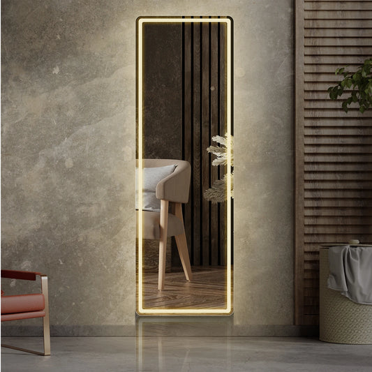 Espejos JHK con luces LED de longitud completa de 64"x21", espejos de pie o para colgar en la pared con soporte, marco de aleación de aluminio para el hogar