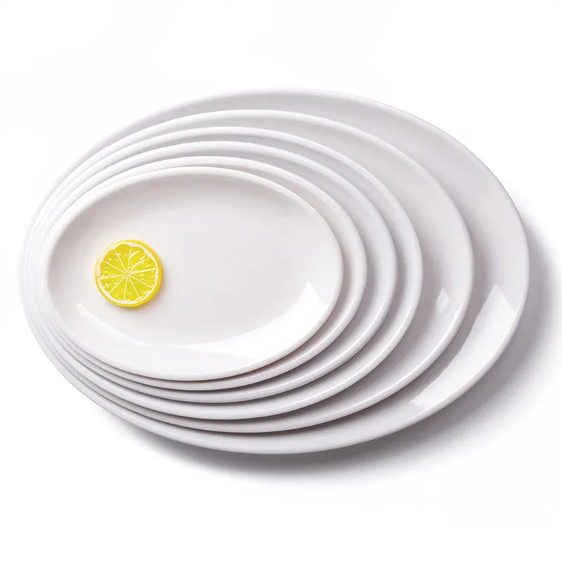 Platos ovalados de melamina blanca de 9-14 pulgadas, juego de cena, plato de porcelana de imitación, bandejas planas para carne, servicio de mesa de cocina y Hotel duradero