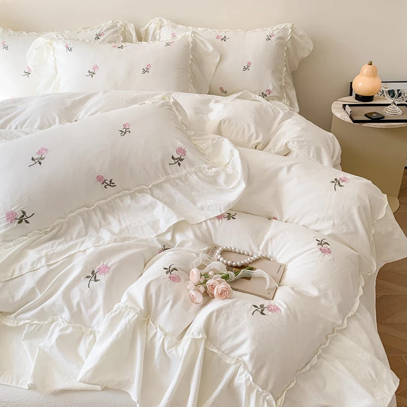 Juego de funda nórdica bordada con rosas de 3 piezas (1 funda nórdica + 2 fundas de almohada, sin núcleo), juego de cama de encaje estilo princesa
