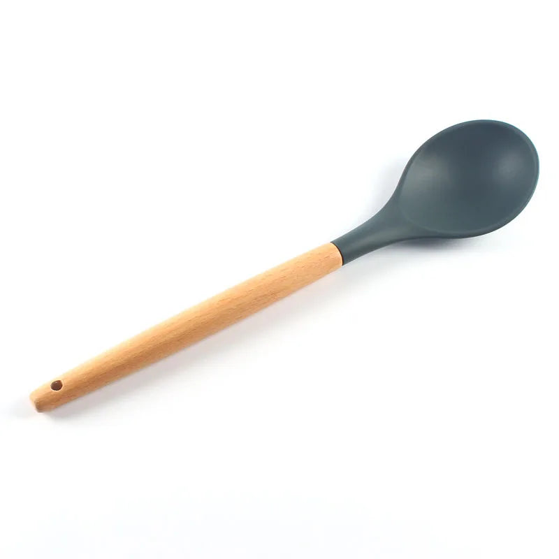 Juego de 12 utensilios de cocina de silicona con mango de madera, espátula antiadherente, cuchara para sopa y freír
