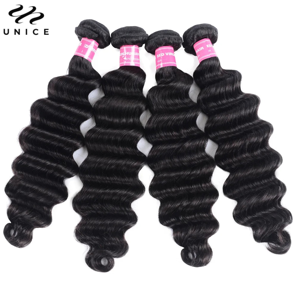 Extensiones de Cabello Natural Unice Hair, Ondulado Profundo, 1/3/4 Piezas, Color Natural, 100% Cabello Humano, Extensiones para Coser, Tejidos Rápidos