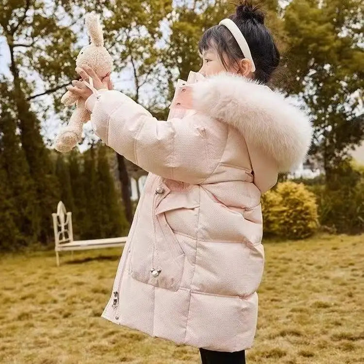 Chaqueta de plumón para niña, abrigo con cuello de piel gruesa holgada y de felpa, nuevo estilo, invierno 2026, 110-170cm
