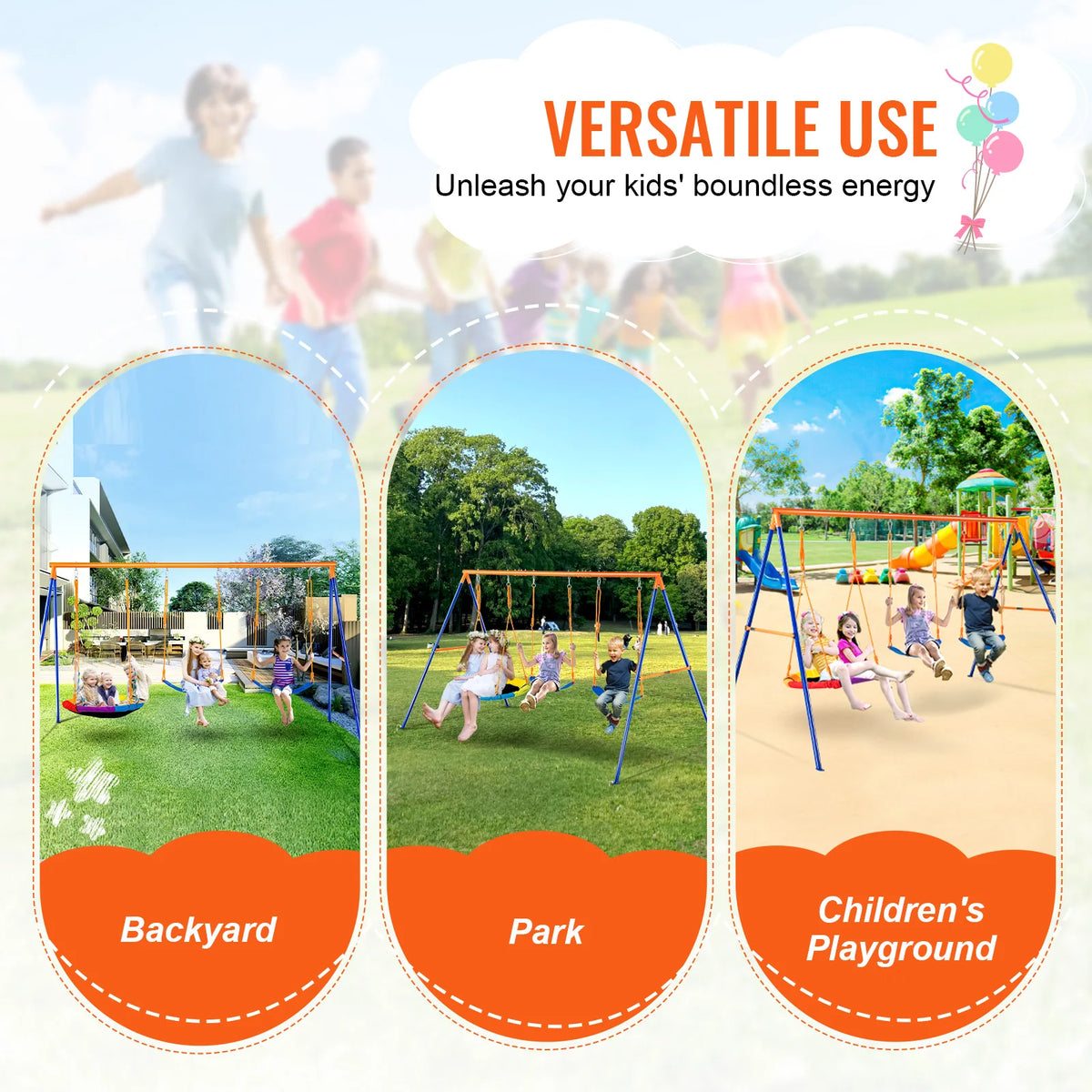SucceBuy Juegos de columpios para patio trasero Juego de columpios de 600 libras de capacidad con 1 asiento de columpio de platillo 2 asientos de columpio de cinturón Columpio al aire libre para niños