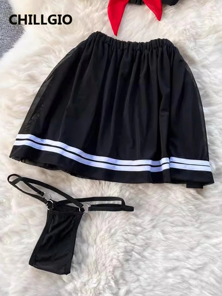 CHILLGIO-Conjunto de pijama con falda de malla transparente para mujer, ropa de dormir, lencería erótica de moda, estilo Preppy japonés