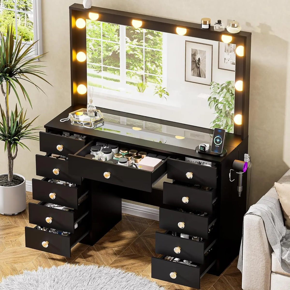 Tocador con Espejo Grande y 10 Luces LED, Escritorio de Tocador con Cubierta de Cristal, 11 Cajones con Tiradores de Cristal, Mesa de Maquillaje, Personalizable