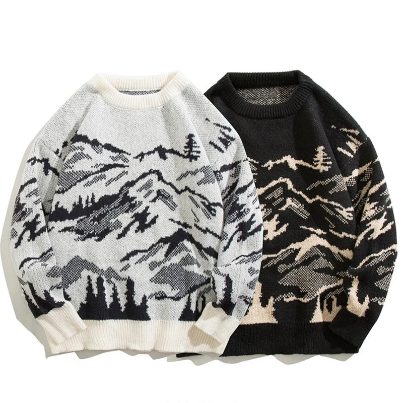 Suéteres de Jacquard con gráfico de montaña para hombre, jerséis de punto informales de manga larga Y2K, prendas de punto Vintage con cuello redondo, otoño