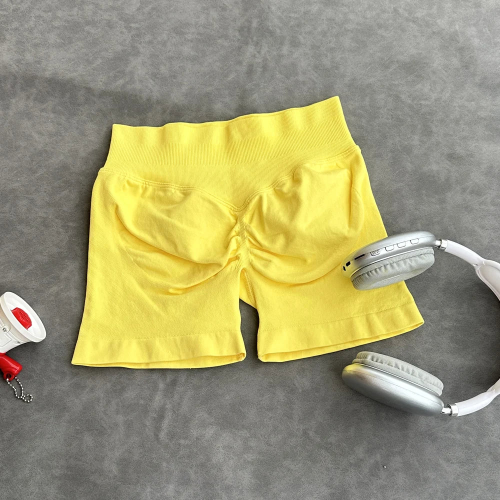 Pantalones cortos deportivos para mujer, pantalones cortos de gimnasio con banda baja acanalada de 4,5 ", mallas sin costuras para entrenamiento y Yoga