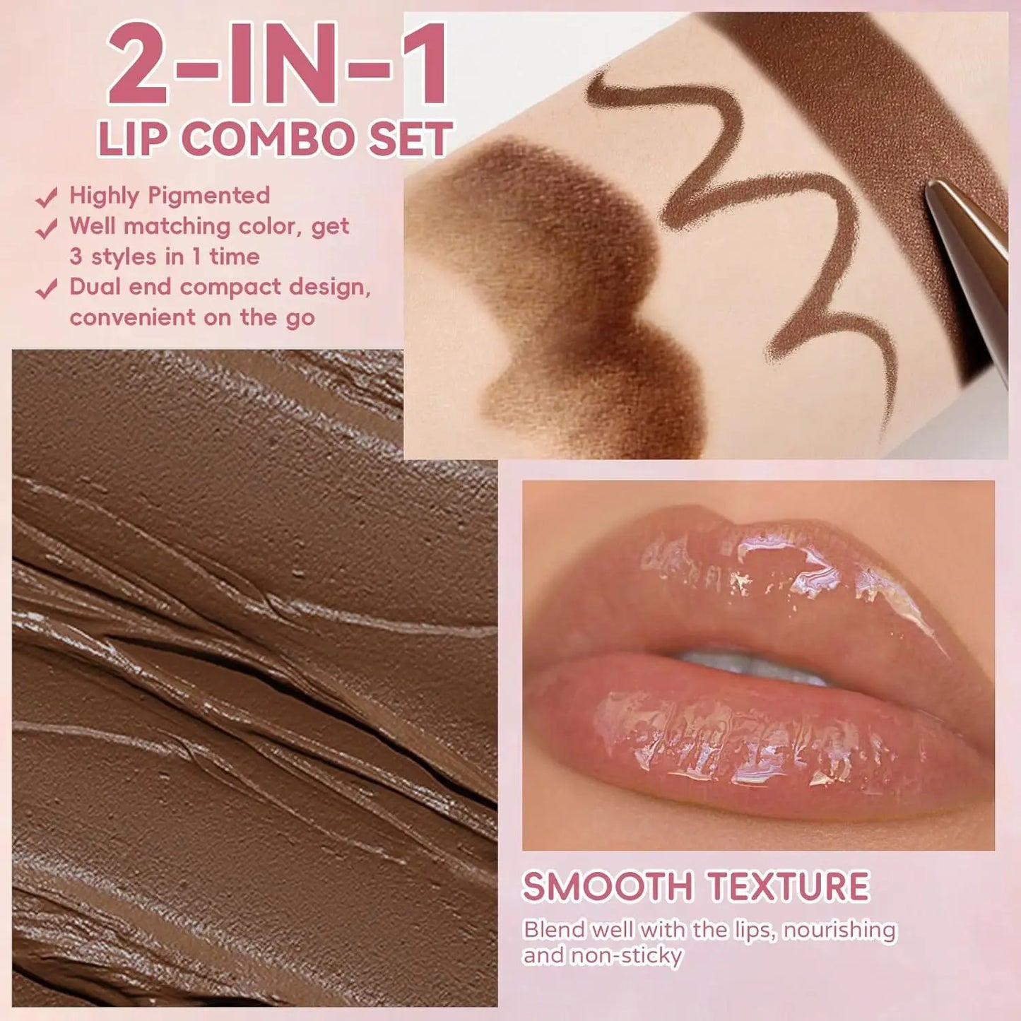 Brillo Labial 2 en 1 de Doble Punta, Delineador y Lápiz Labial, Impermeable, de Larga Duración, Voluminizador, Mate, Hidratante, Brillante, con Tinte Natural