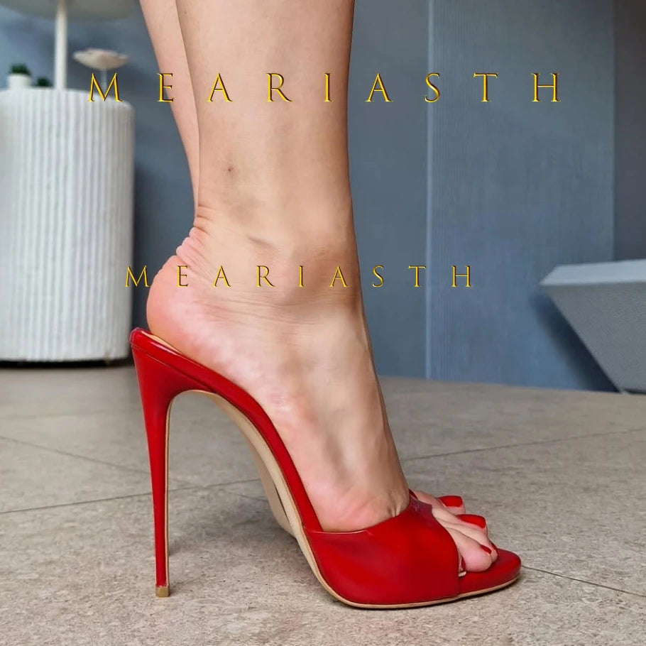 Sandalias de tacón de charol rojo, Sandalias poco profundas sin cordones, tacones sexis sólidos, zapatos de tacón de aguja de verano de 10CM, Sandalias con punta abierta y una correa