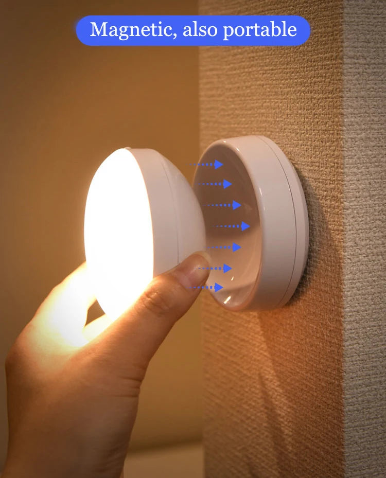 Luz nocturna con Sensor de movimiento, iluminación LED inalámbrica recargable, magnética giratoria 360 para habitación, mesita de noche, iluminación de gabinete