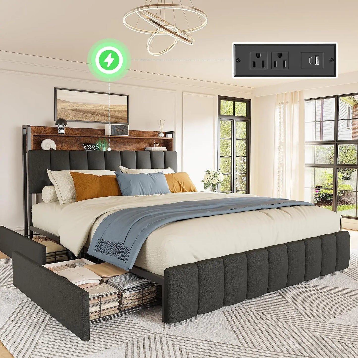 Base de Cama Queen Size con Cabecera Tapizada y Estación de Carga, Base de Cama Queen con 4 Cajones de Almacenamiento, 2 Niveles, Personalizable