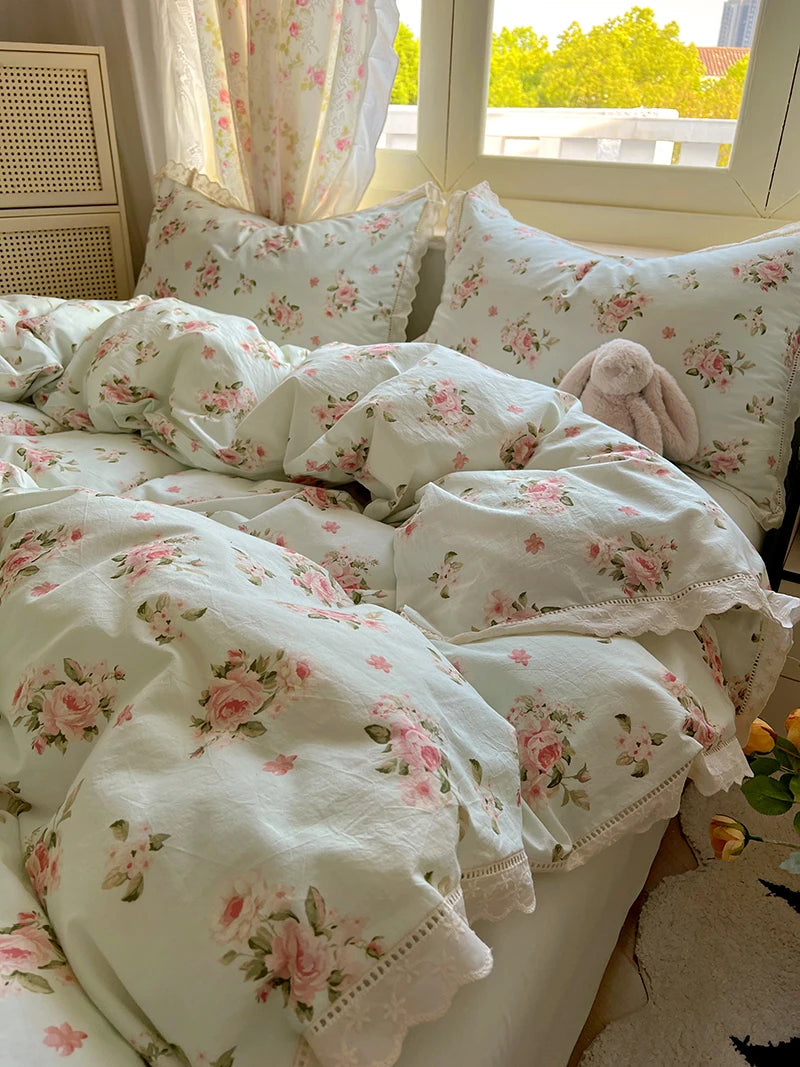 Juegos de funda nórdica de algodón lavado, juego de cama con estampado de flores individual/Queen/king, estilo princesa, funda de couette de 220x240 con encaje