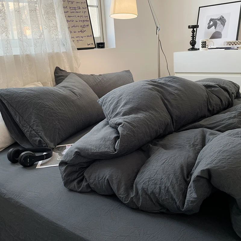 Juegos de fundas de edredón gris oscuro a la moda, fundas de edredón cepilladas, juegos de cama individual doble Queen, funda de almohada para niños, funda de edredón sólida