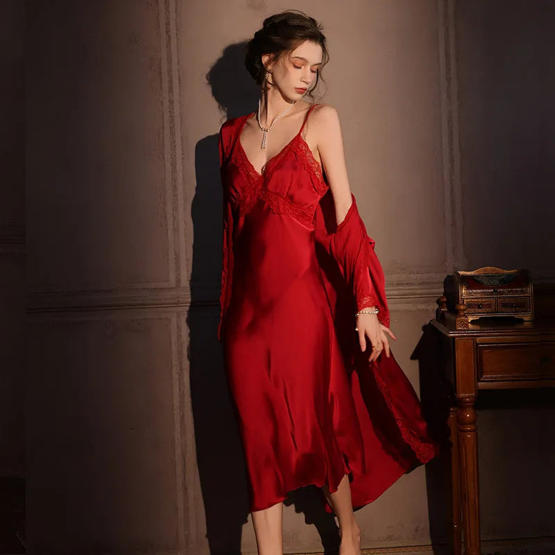 Conjunto de bata Twinset elegante para mujer, bata de baño tipo kimono largo, camisón de encaje Sexy, lencería, ropa de dormir nueva para primavera y otoño, vestido para casa