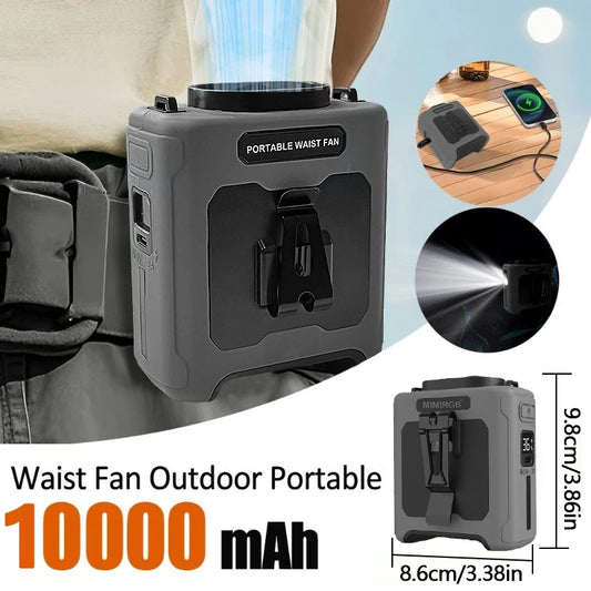 Tragbarer Hüftventilator mit 10000mAh Powerbank, LED-Beleuchtung, hängender Nackenventilator, 5-Gang starker Luftstrom Kühlventilator für Outdoor-Arbeiten