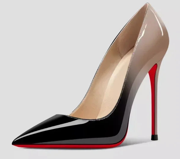 Nuevos tacones altos negros puntiagudos de 12 cm para mujer, tacones delgados con temperamento sexy, boca poco profunda, zapatos individuales con suela roja 34-46
