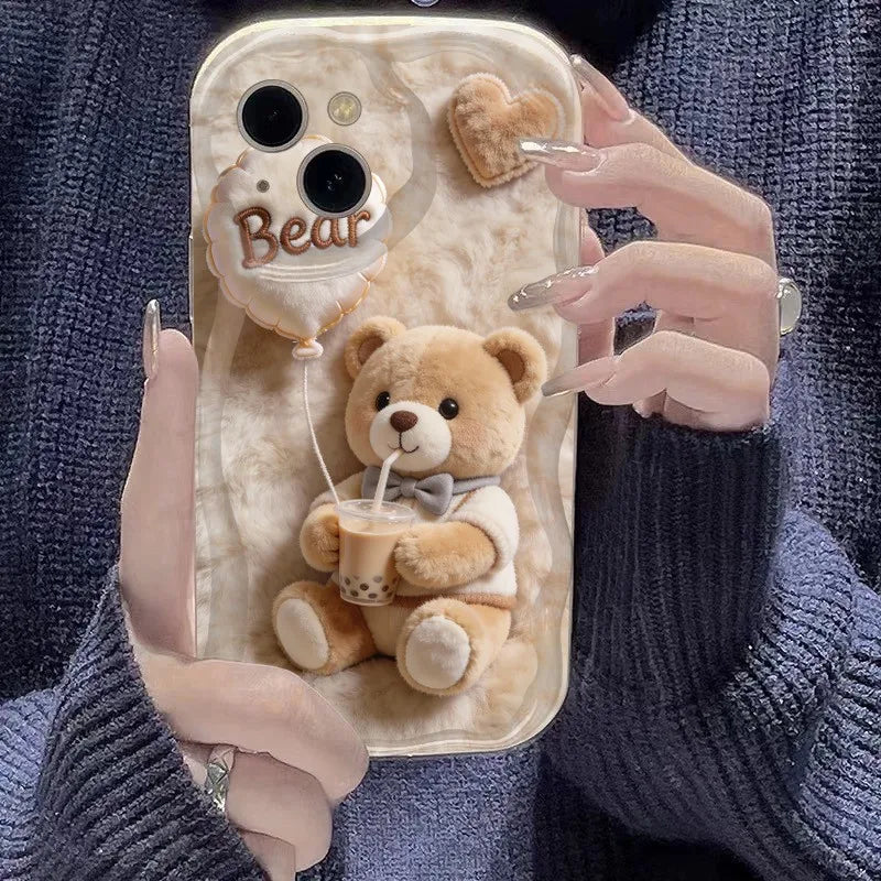 Funda de Teléfono con Diseño de Oso de Peluche y Té de Perlas para iPhone 17 Pro Max 16 11 12 13 14 15 Plus 17 Air 16E, Funda de Silicona Suave
