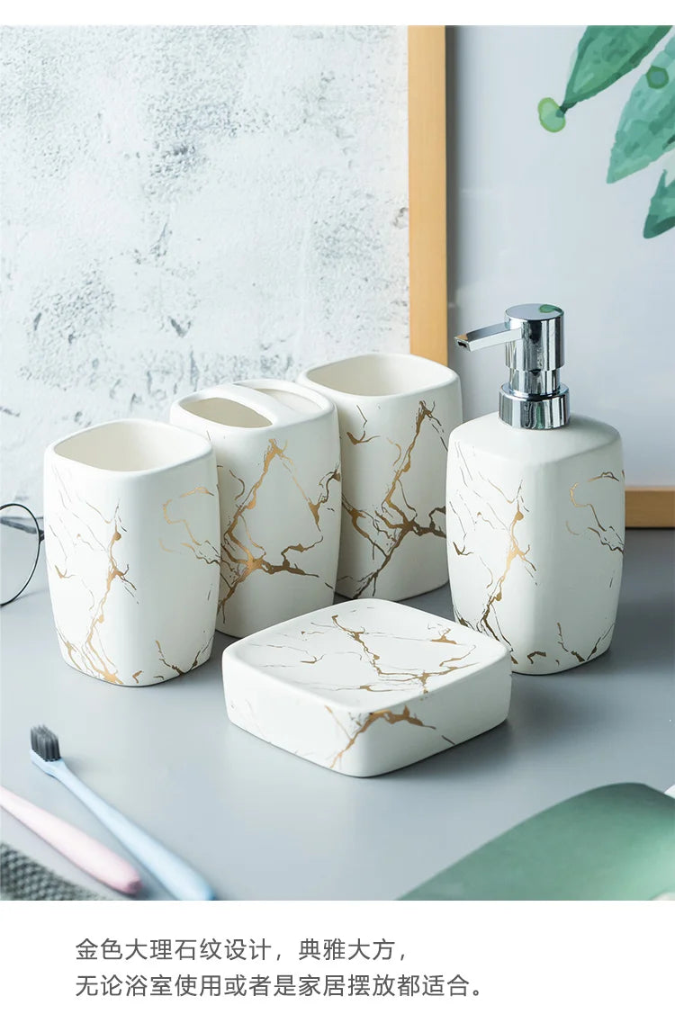 Juego de accesorios de baño de cerámica de mármol negro, dispensador de jabón/soporte para cepillos de dientes, bandeja, suministros para el hogar