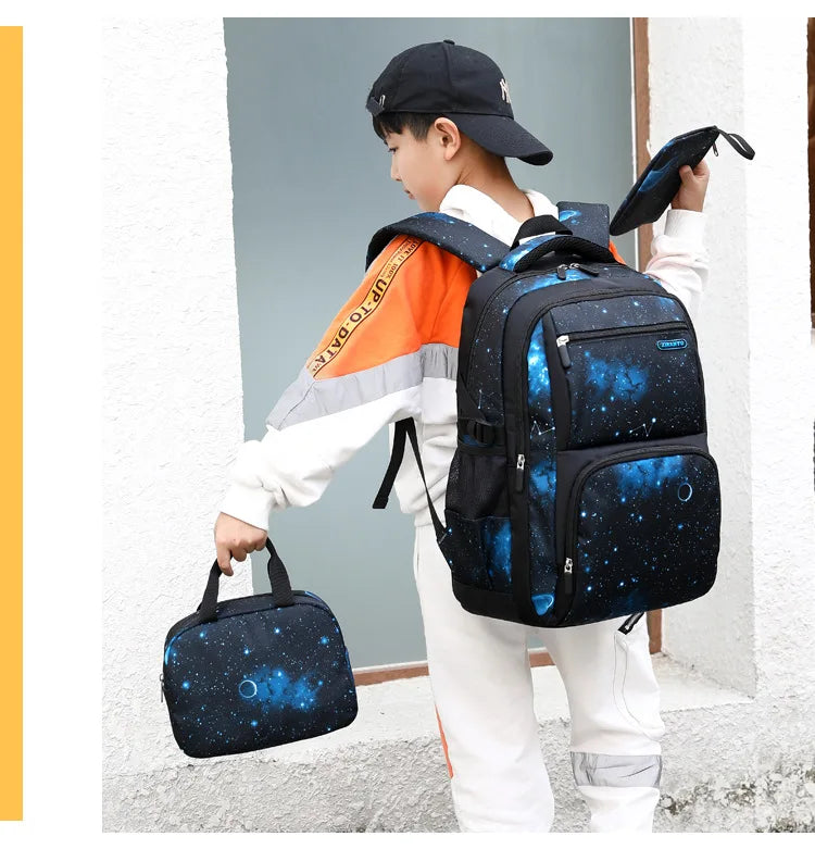 Nuevo conjunto de 3 uds de mochilas para niños, bolso escolar con patrón de cielo estrellado para estudiantes, bolso escolar impermeable con bolsa de almuerzo, estuche para lápices