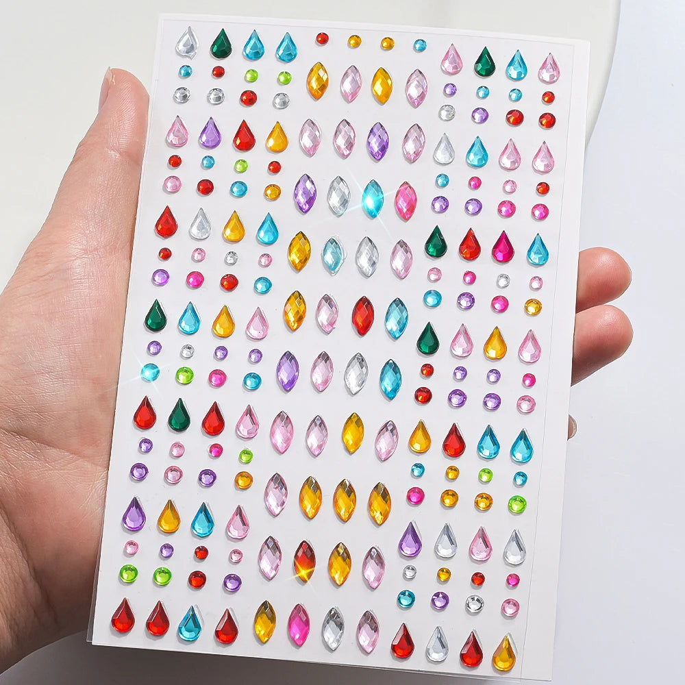 1 hoja 900 Uds. Pegatinas de gemas brillantes de cara de arcoíris, tatuaje Facial adhesivo, joyas de diamantes de imitación para ojos, mezcla de 3/4/5mm, maquillaje para fiesta de boda
