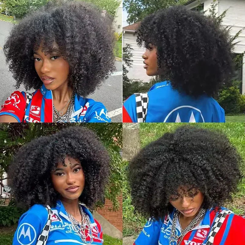 Pelucas de cabello humano rizado Afro rizado mongol con peluca Banges Banges peluca mujer sin pegamento densidad hinchable 300%