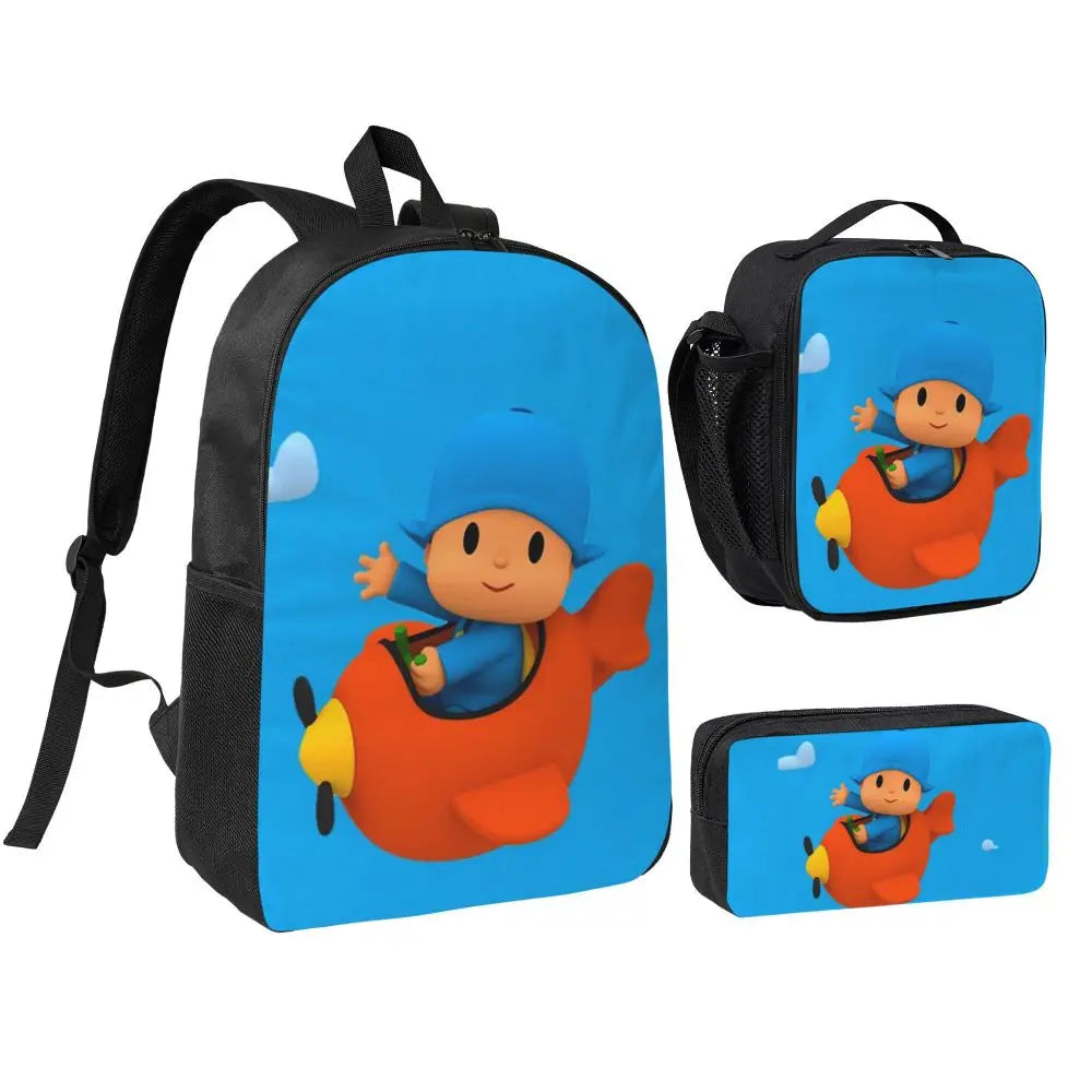 Mochila azul de dibujos animados de Pocoyo para niños, mochila escolar, bolsos de hombro para ordenador, bolsa de almuerzo aislada de 3 piezas, estuche para lápices
