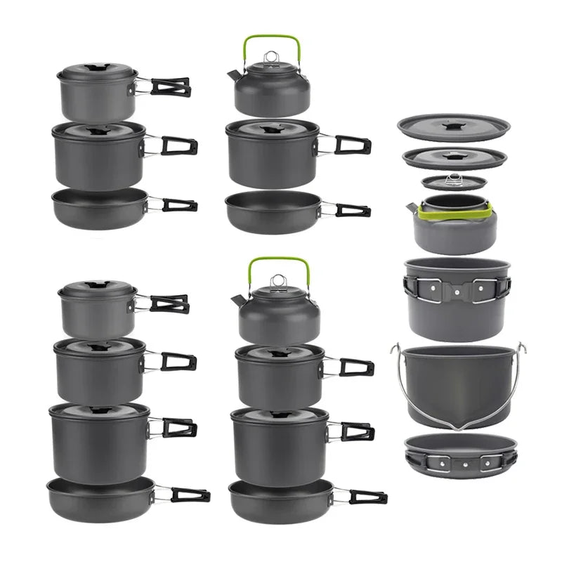 Juego de utensilios de cocina para acampar para 1 a 7 personas, olla y sartén ligeros y portátiles con bolsa de transporte, perfecto para acampar al aire libre