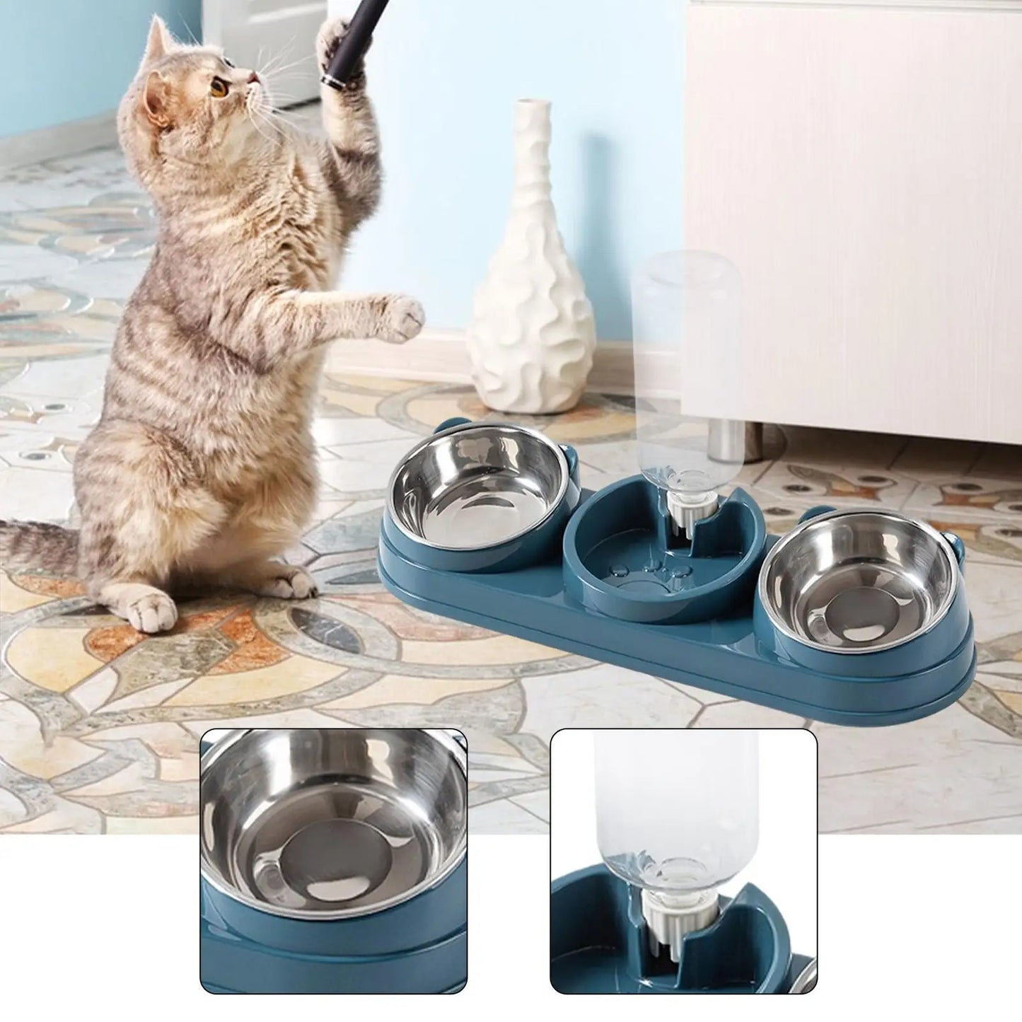 Cuenco triple para gatos, cuenco para comida y agua para mascotas, inclinado a 15 ° , 3 en 1, para húmedo y