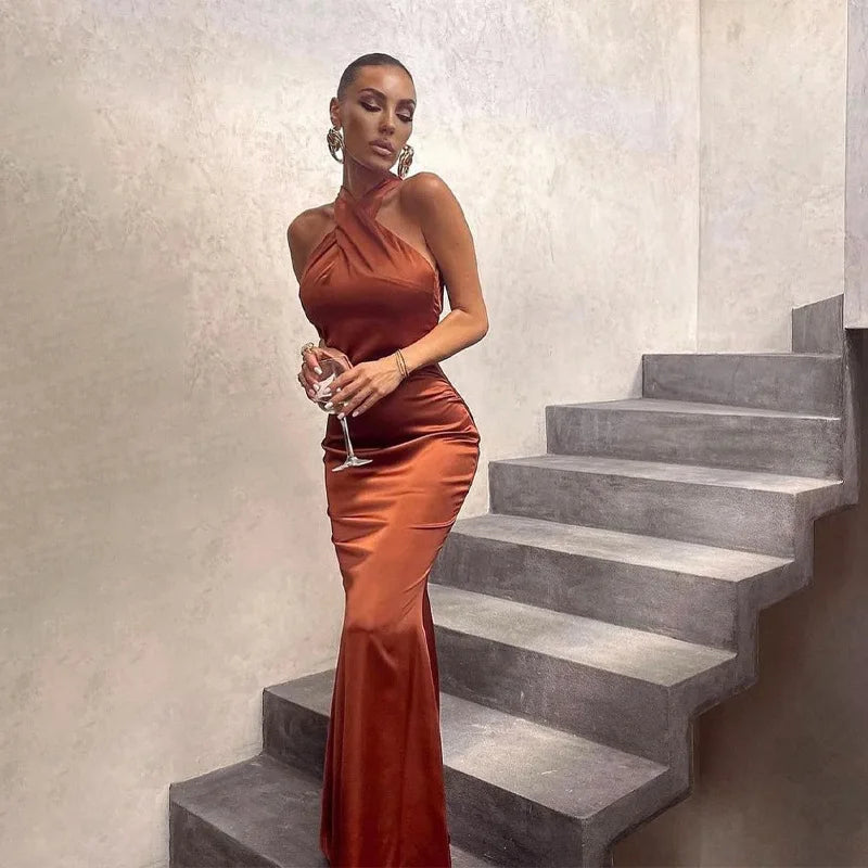 Vestidos de Fiesta Elegantes para Mujer, Vestido Maxi con Cuello Halter y Detalle Cruzado en la Parte Delantera, Vestido de Noche Ajustado