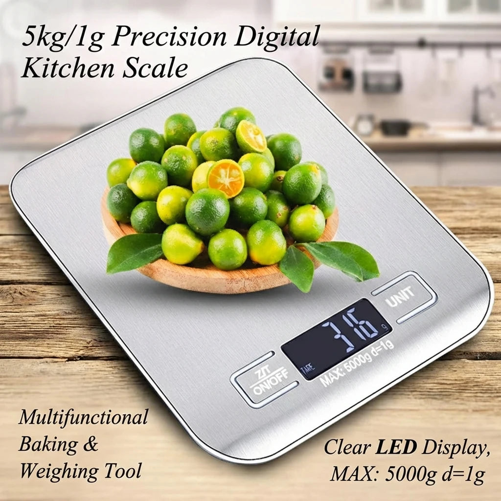 Báscula Digital de Cocina con Pantalla LED, 5 kg/1 g, Acero Inoxidable, Pesaje Electrónico para Alimentos, Joyas, Aperitivos, Repostería, Herramientas para el Hogar