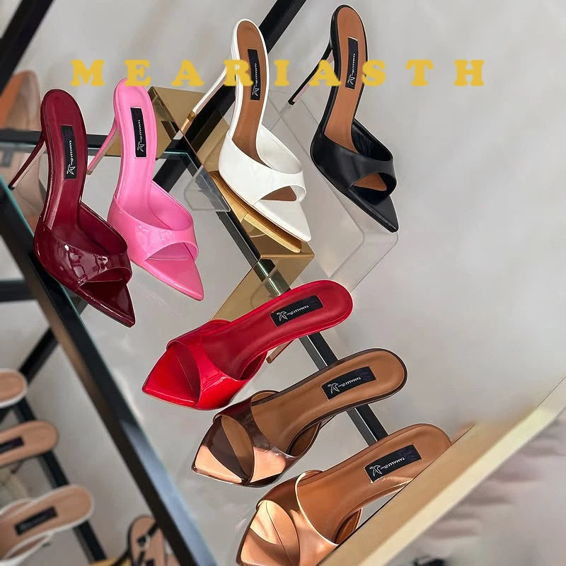 Zapatos de tacón alto con punta abierta para mujer, zapatillas exteriores de verano para fiesta, Stiletto, sandalias de charol de diseñador de lujo, 12/10cm