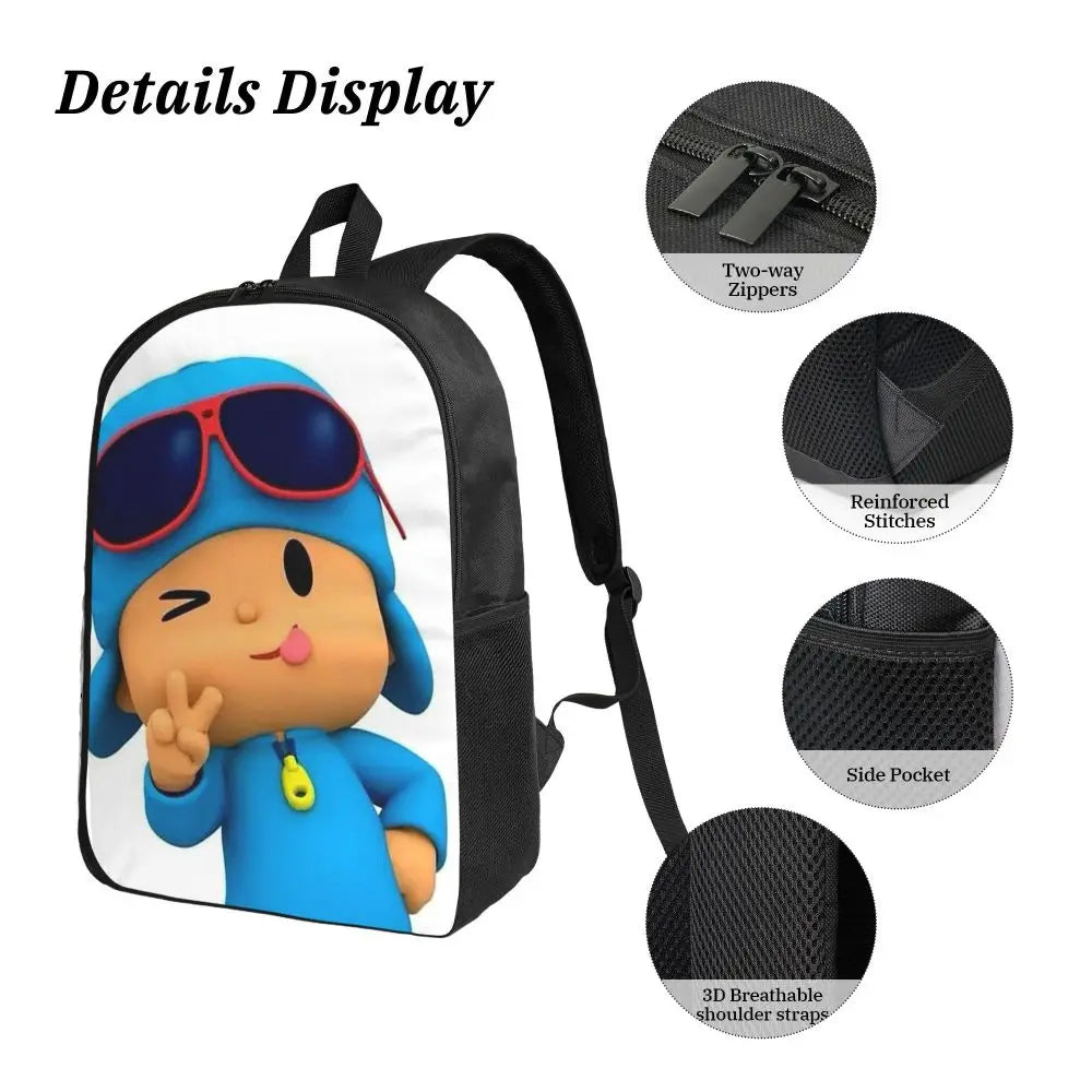 Mochila azul de dibujos animados de Pocoyo para niños, mochila escolar, bolsos de hombro para ordenador, bolsa de almuerzo aislada de 3 piezas, estuche para lápices