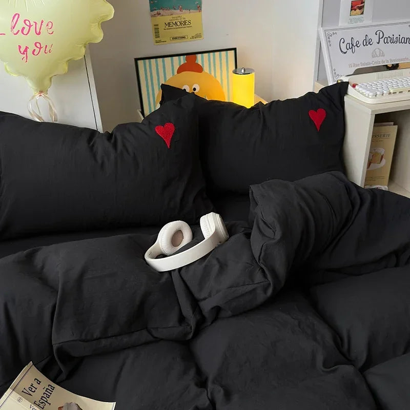 Juego de cama de algodón lavado, funda nórdica negra súper suave y fresca, toalla en forma de corazón, ropa de cama, fundas de edredón respetuosas con la piel, sábanas